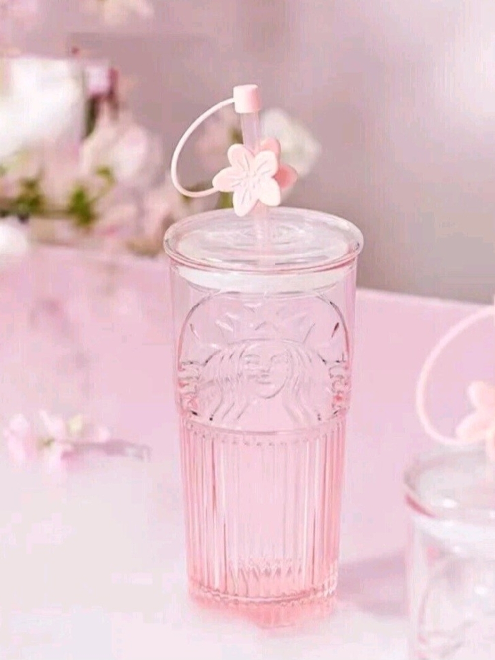 2024 Starbucks Glass Cup Gradient Sakura Tumbler w/Cherry blossom Topper - Picture 4 of 6